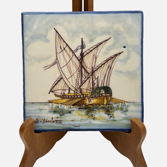 Portuguese Tile Ship Gale Seculo XVI Handpainted Battistini de Maria de Portugal - Picture 1 of 13